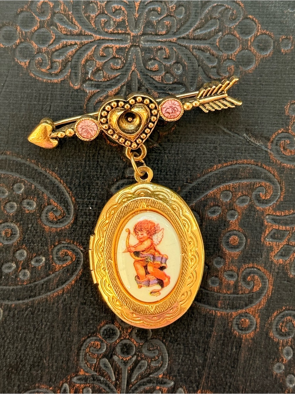 Vintage Gold-tone Cupid Arrow Locket Brooch with Pink Rhinestones